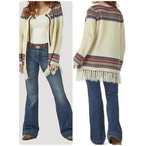NWT Wrangler Retro Long Sleeve Cardigan Sweater Fringe Hem Aztec Southwestern